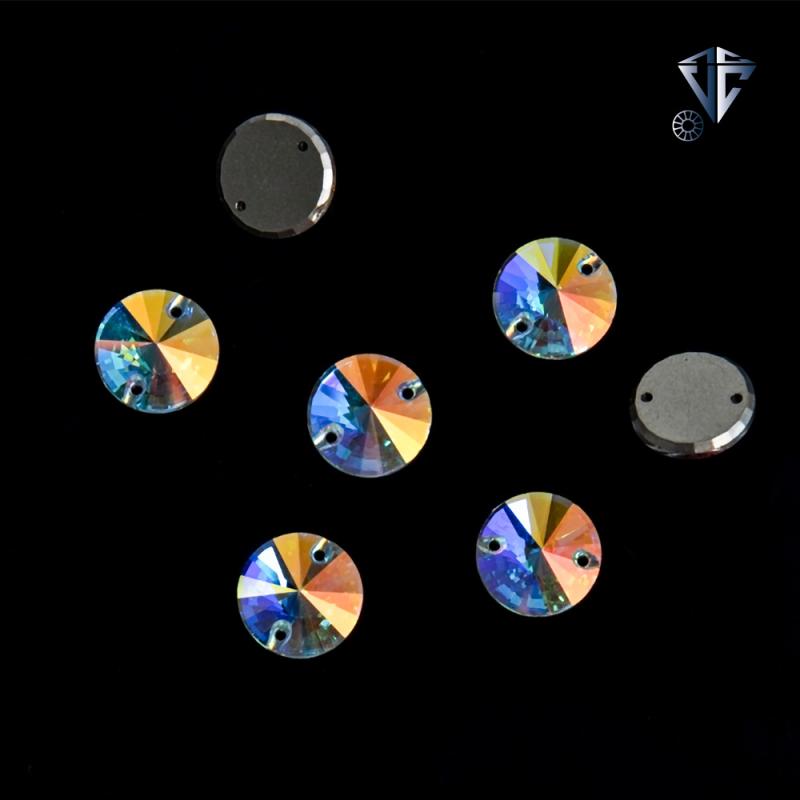 ラインストーン K9 ガラスストーン 丸型 ファセットカット 平底 2穴 縫い付け ソーオン ホワイト AB加工 服飾用 衣装用 DIY素材 手芸パーツ 装飾用デコパーツ