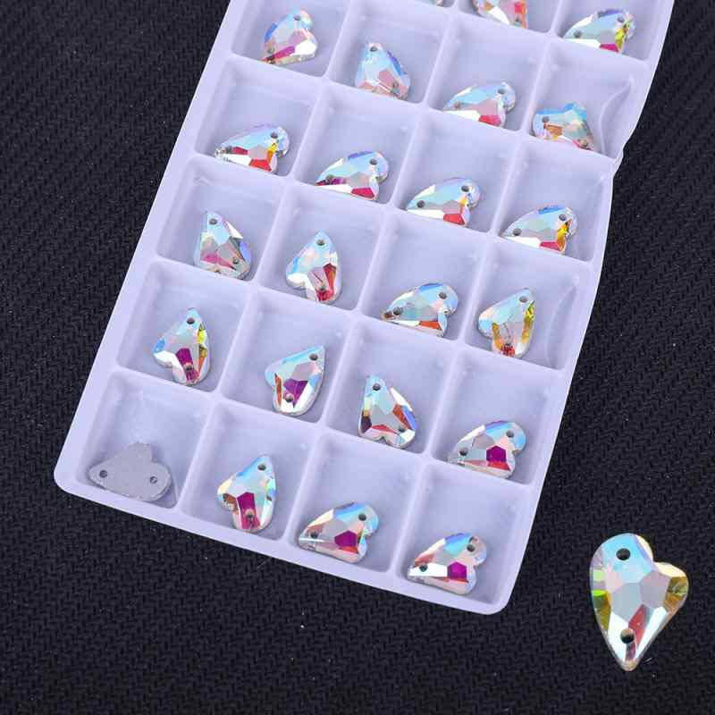 ラインストーン ガラス製 非対称 ハート型 フラットバック 手縫い 2穴 オーロラAB加工 カラフル クリスタル DIY素材 ハンドメイド 手芸 デコパーツ 装飾用