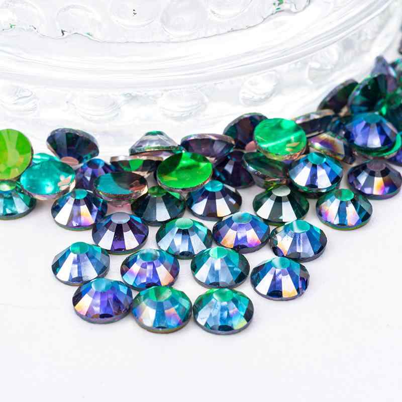 ネイルパーツ ラインストーン ガラス製 平底 フラット オーロラ グリーン 電気メッキ加工 ネイルアート セルフネイル デコレーション DIY