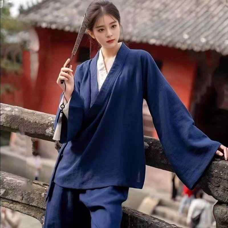 太極服 メンズ 子供用 道着 武術服 カンフー服 中国風 中華風 麻 リネン コーデュロイ ワイドスリーブ ショート丈 ゆったり 紺 ネイビー 剣襟 三清襟