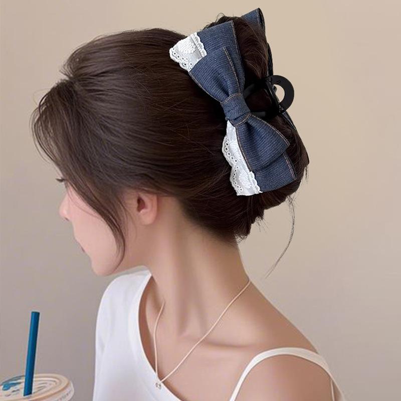 ヘアクリップ レディース フレンチ レース 二重デニムリボン 蝶結び 髪飾り 高級感 フェミニン 上品 エ..