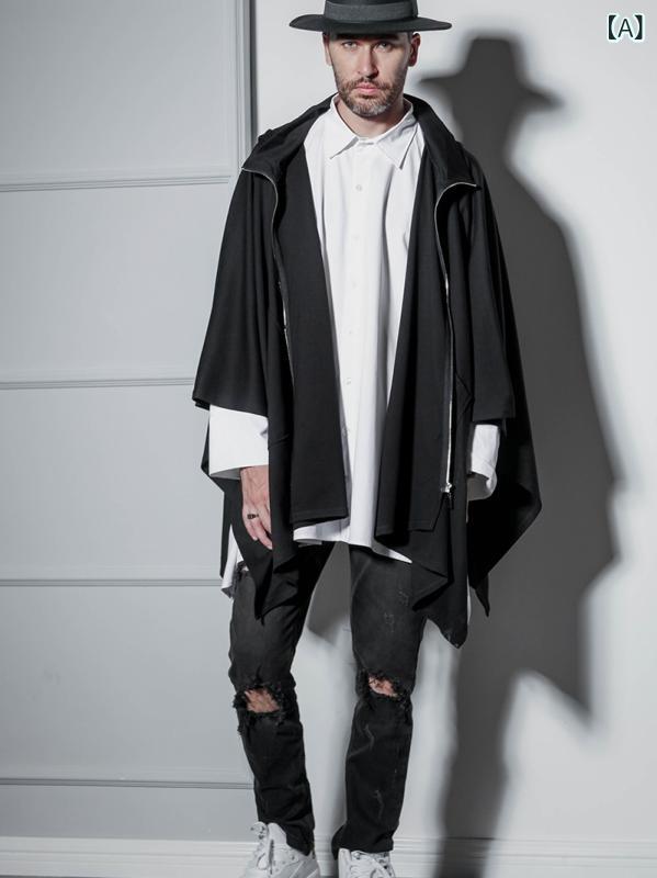 パーカー メンズ 男性用 フード付き マント ケープスタイル プルオーバー 長袖 アウター コットンブレンド 無地 ブラック 欧米風 秋冬