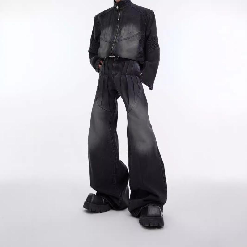 セットアップ 男性用 Gジャン ジーンズ ヴィンテージウォッシュ加工 再構築 切り替え 立体エンボス 3Dデザイン 厚手 ヘビーウェイト ストリート カジュアル コットン 綿 秋冬 ダークグレー チャコールグレー