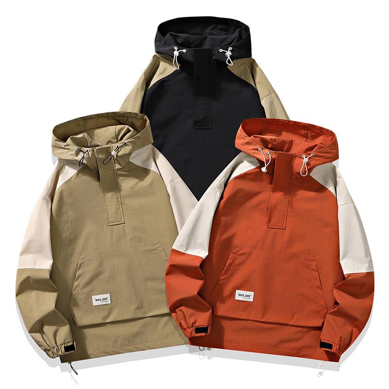 ジャケット メンズ マウンテンパーカー ユニセックス 配色 切り替え 登山ウェア アウトドア 防水 防風 ゆったり フード付き ジップアップ ポリエステル ブラック オレンジ カーキ アウター 秋