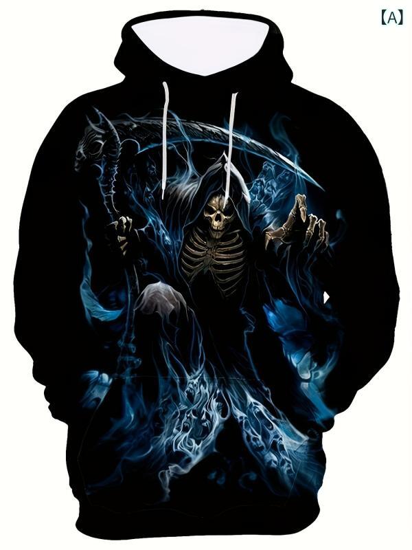 パーカー メンズ スカル ドクロ 3Dプリント デジタルプリント フード付き プルオーバー スウェットシャツ 長袖 ゆったり オーバーサイズ ストリート系 カジュアル ポリエステル 春秋