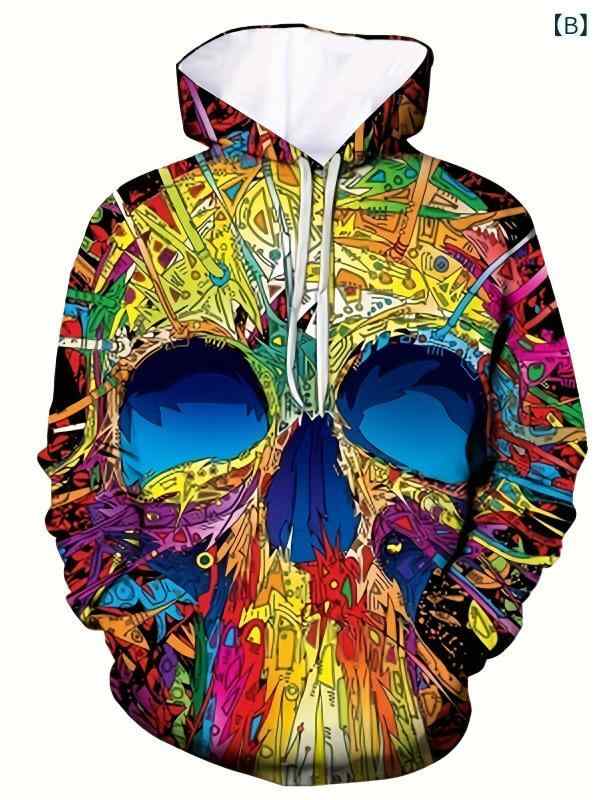 パーカー メンズ スカル ドクロ 3Dプリント デジタルプリント フード付き プルオーバー スウェットシャツ 長袖 ゆったり オーバーサイズ ストリート系 カジュアル ポリエステル 春秋