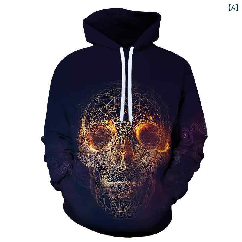 パーカー ユニセックス スカル 髑髏 ドクロ 3Dデジタルプリント フード付き 長袖 ビッグシルエット オーバーサイズ 欧米風 カジュアル ストリート 普段使い ポリエステル 通年 フーディー