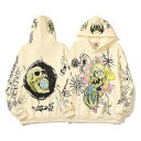パーカー メンズ ストリート系 ヒップホップ 手描き グラフィティ ダーク スカル柄 個性派デザイン プルオーバー ゆったり ビッグシルエット 長袖 綿100% カジュアル 秋冬 アプリコット|詳細画像