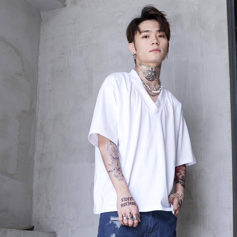 Tシャツ メンズ 男性用 Vネック 五分袖 オーバーサイズ ビッグシルエット 無地 綿 コットン ストレッチ ブラック 黒 ホワイト 白 普段使い カジュアル トップス 春夏