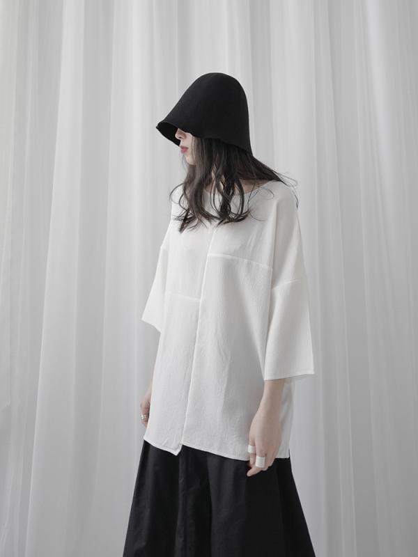 Tシャツ レディース 春夏 ダーク系 ストリート カジュアル オーバーサイズ 個性派 アシンメトリー 五分袖 クルーネック 切り替え デザイン 綿100% ホワイト ブラック(x2)