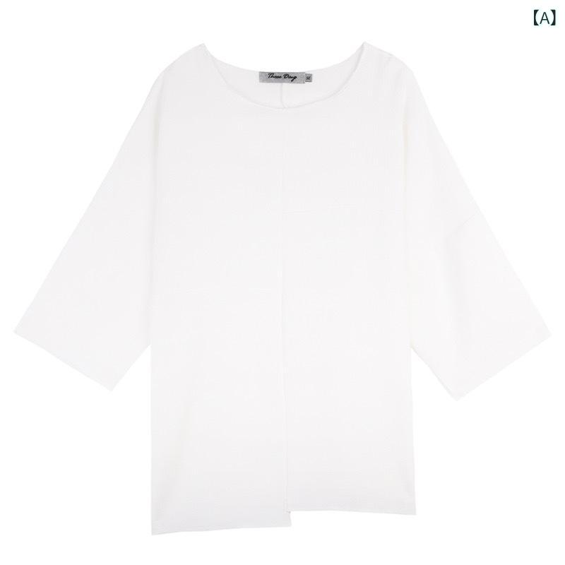 Tシャツ レディース 春夏 ダーク系 ストリート カジュアル オーバーサイズ 個性派 アシンメトリー 五分袖 クルーネック 切り替え デザイン 綿100% ホワイト ブラック(x2)