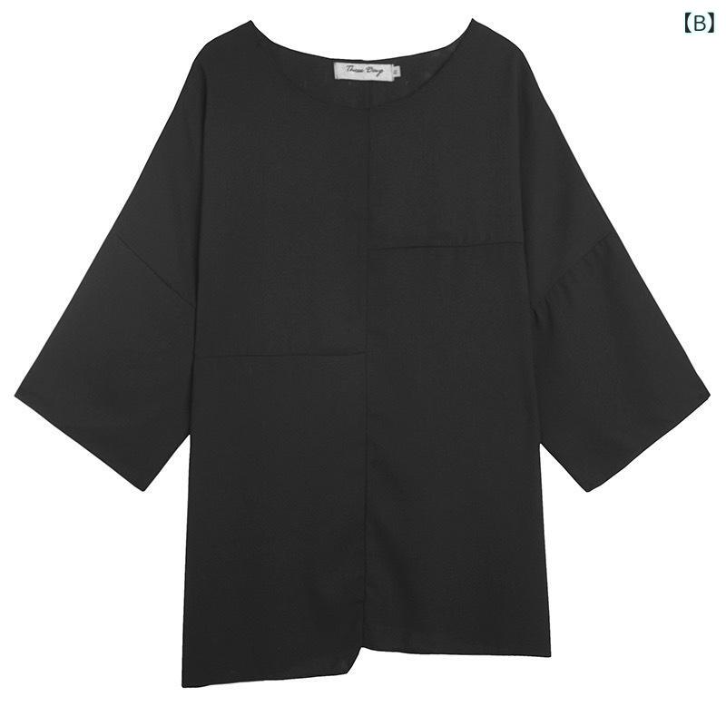 Tシャツ レディース 春夏 ダーク系 ストリート カジュアル オーバーサイズ 個性派 アシンメトリー 五分袖 クルーネック 切り替え デザイン 綿100% ホワイト ブラック(x2)