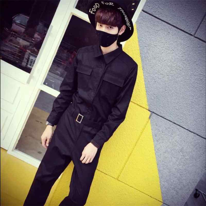 つなぎ メンズ 男性用 春夏 ワークウェア 作業着 長袖 テーパード スリムフィット ジャンプスーツ オーバーオール カジュアル 普段使い ストリートファッション 大きいサイズ ビッグサイズ 綿混素材 黒