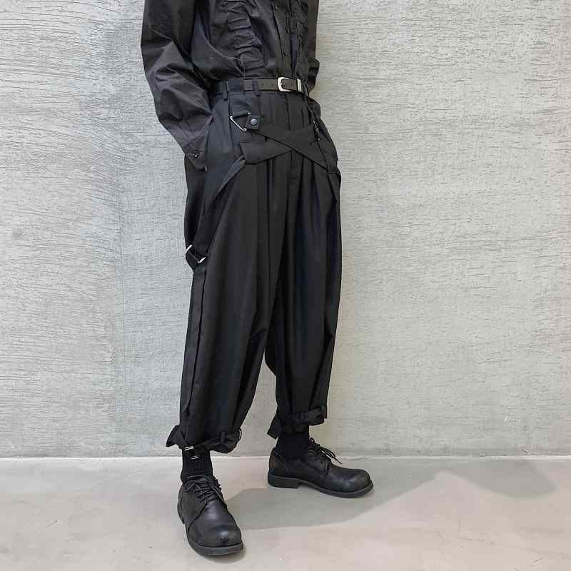 カジュアルパンツ メンズ 九分丈 クロップド丈 ゆったり ルーズフィット レトロ ゴシック モード系 ストラップ 編み上げ 個性的 DJ ストリート ダンス 衣装 黒 ブラック 春夏