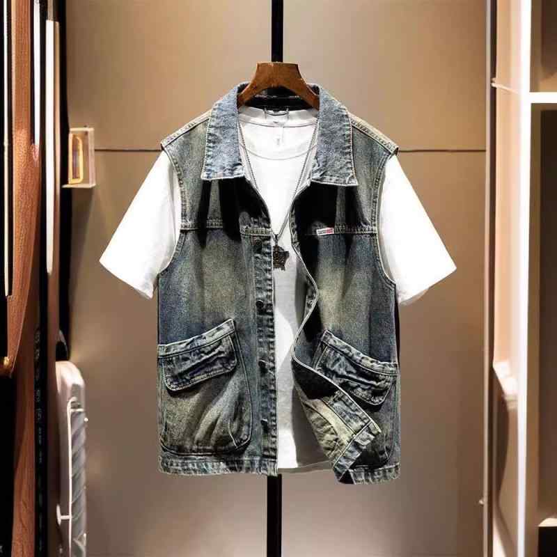 ベスト ジレ メンズ アメリカンヴィンテージ デニム ワークウェア ルーズフィット ゆったり 大きいサイズ ビッグポケット シンプル 万能 カジュアル 普段使い 襟付き シングルボタン 綿 コットン 春夏 ライトブルー 淡色