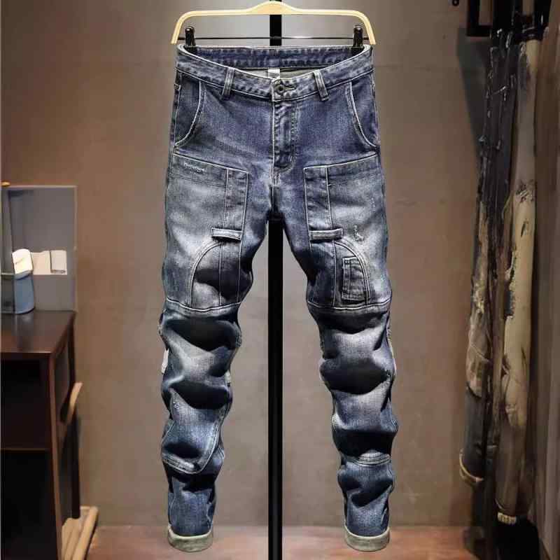 デニムパンツ メンズ スリムフィット テーパード 切り替え ストレッチ ウォッシュ加工 アメカジ ハイストリート カジュアル 普段使い ブルー 綿混