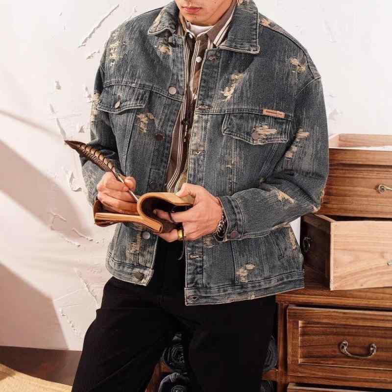 デニムジャケット メンズ レトロブルー 高級感 ヴィンテージ ダメージ加工 ウォッシュ加工 ゆったり ルーズフィット アメカジ ワーク 春秋 アウター