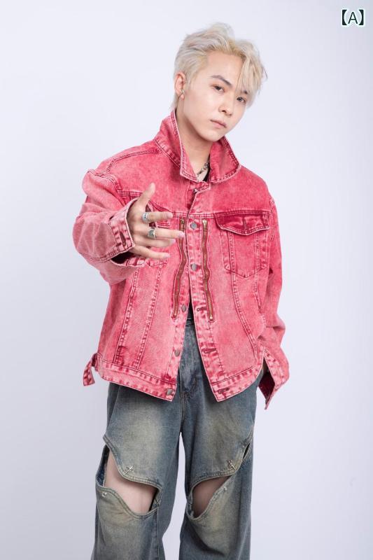 ジャケット 男女兼用 ピンク ウォッシュ加工 切り替え デニム ベースボールジャケット 襟付き テーラードカラー ゆったり オーバーサイズ コットン ポリエステル 耐摩耗性 カジュアル ストリート アウター 春夏