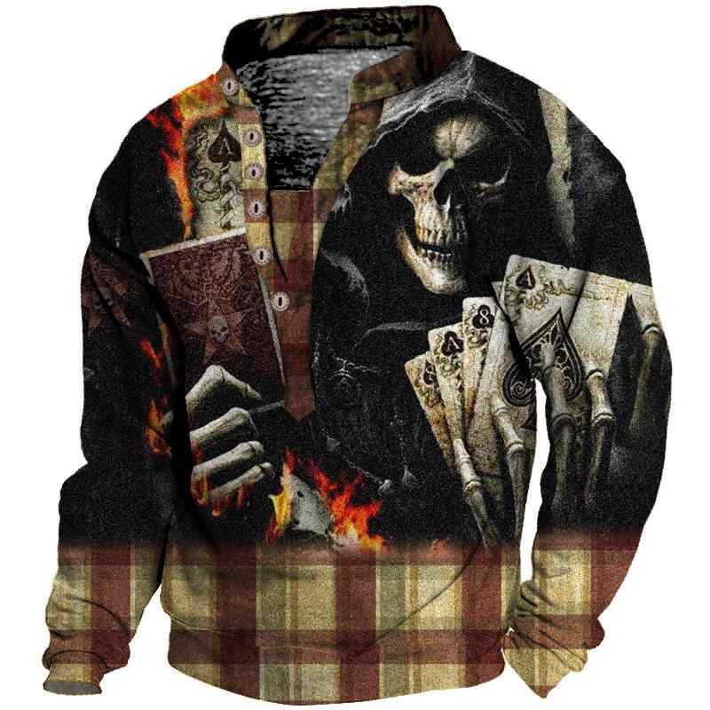 スウェット メンズ 欧米スタイル 3Dデジタルプリント スカル柄 長袖 ヘンリーネック Vネック トレーナー ポリエステル ゆったり カジュアル ストリート 春秋