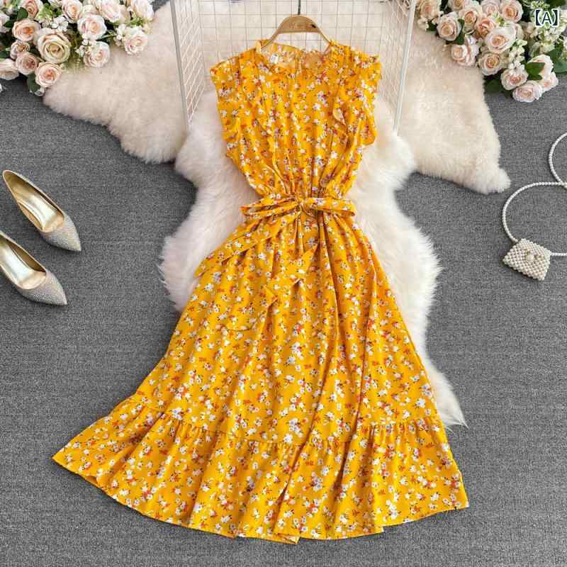 ワンピース レディース 春夏 韓国風 花柄 ノースリーブ Aライン ミモレ丈 ウエストマーク リボンベルト ハイウエスト 細見え スタイルアップ きれいめカジュアル フェミニン お出かけ おしゃれ(4)