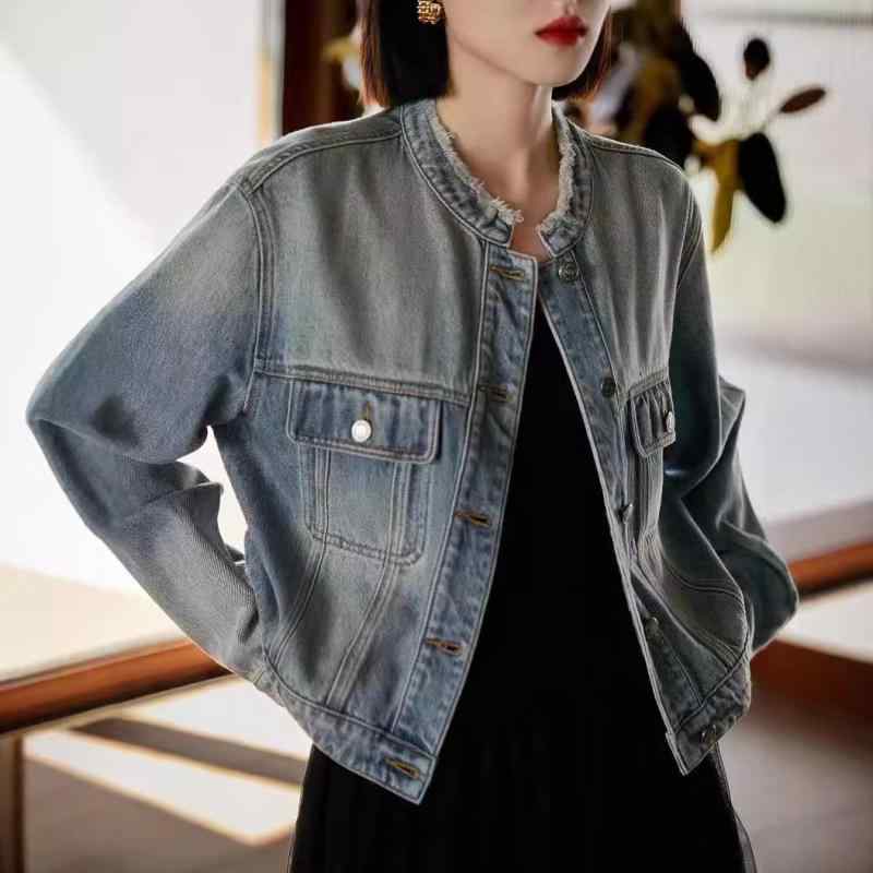 デニムジャケット レディース 低身長向け 高級感 ゆったり レトロ カジュアル ショート丈 長袖 襟付き 綿混 ポリエステル デニムブルー 通勤 オフィス 秋冬 着回し きれいめ