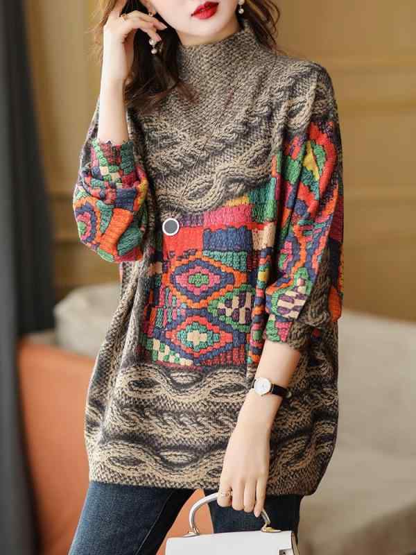 ニット レディース 秋冬 韓国風 モックネック プルオーバー ゆったり オーバーサイズ プリント柄 おし..