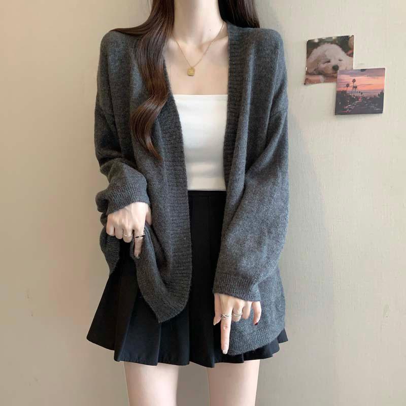 ニットカーディガン レディース ゆったり ルーズシルエット オーバーサイズ グレー 大人カジュアル ミドル丈 長袖 POLO襟 春夏 大きいサイズ 体型カバー 伸縮性(4)