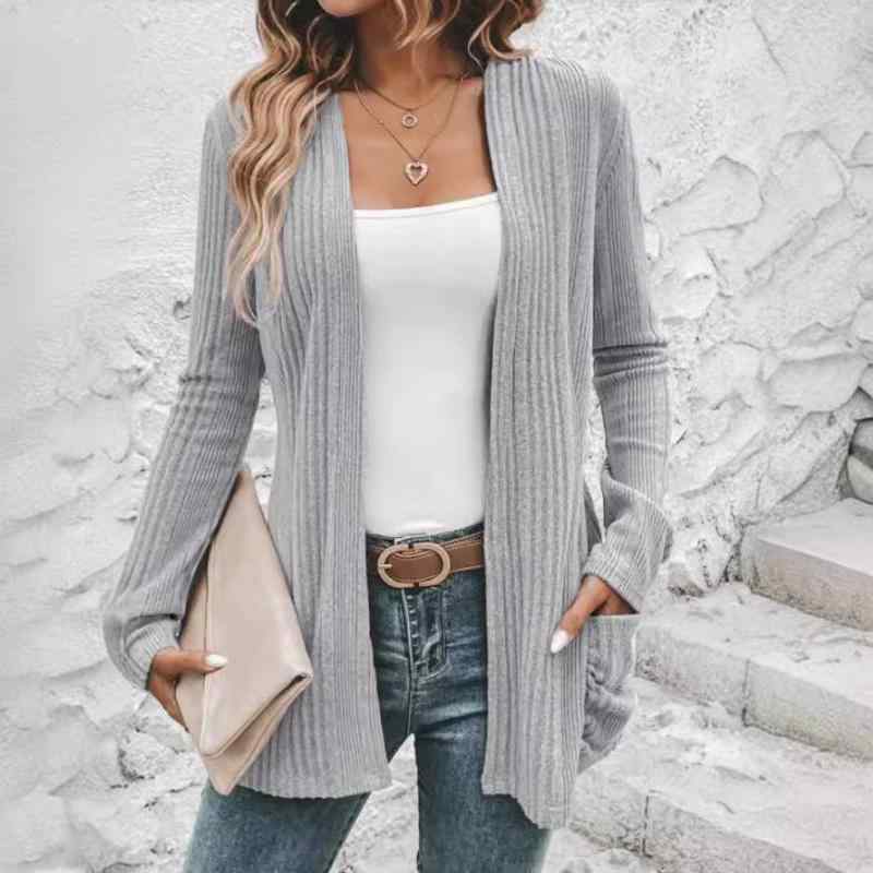 カーディガン レディース 秋冬 長袖 リブ ポリエステルニット 起毛 ゆったり ミドル丈 中厚手 カジュアル 無地 オープンフロント イージーケア 普段使い 快適 羽織り