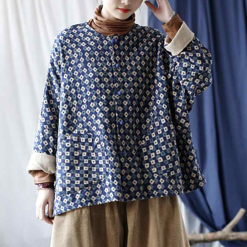 アウター レディース レトロ ヴィンテージ 丸襟 ゆったり ルーズフィット ドルマンスリーブ ドロップショルダー 飾りボタン チャイナボタン エスニック 民族調 コットン 厚手 普段使い カジュアル ブルードット 秋冬