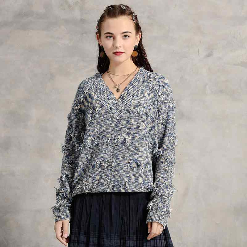 ニット レディース Vネック ゆったり ルーズ セーター フリンジ 切り替え レトロ 抜け感 カジュアル プ..