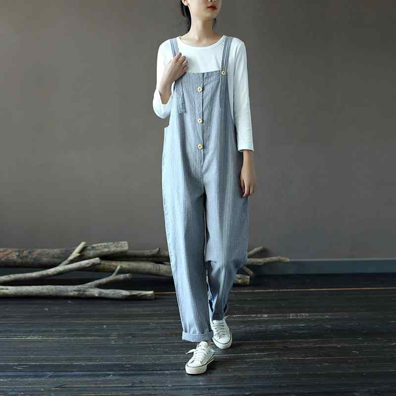 サロペット オーバーオール オールインワン レディース 春秋 レトロ カジュアル ウォッシュ加工 ストライプ ゆったり ルーズフィット 綿麻 コットンリネン ワイド 長ズボン ライトブルー 普段使い デイリーユース
