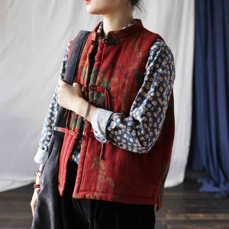 ベスト レディース 秋冬 綿麻素材 ツイル織り 厚手 中綿入り 防寒 保温 ゆったり スタンドカラー レトロ 古着風 ユーズド加工 大花柄プリント エスニック アンティークレッド