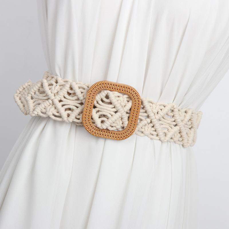 ベルト レディース エスニック レトロ 編み込み ウエストマーク 幅広 ワイドベルト スムースバックル アイボリー ベージュ系 ワンピース スカート コーデ 普段使い オフィス きれいめ カジュアル おしゃれ(4)