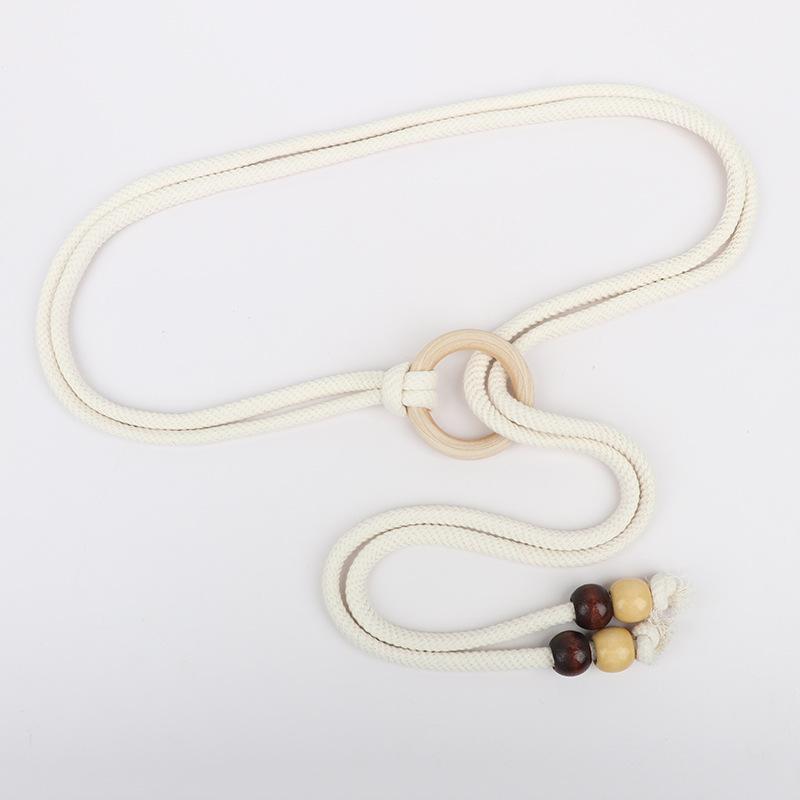 ベルト レトロ ヴィンテージ風 編み込み 結び ウッドバックル 細身 ウエストマーク ワンピース スカート 普段使い 綿麻 ベージュ シンプル ボヘミアン エスニック ナチュラル 春夏