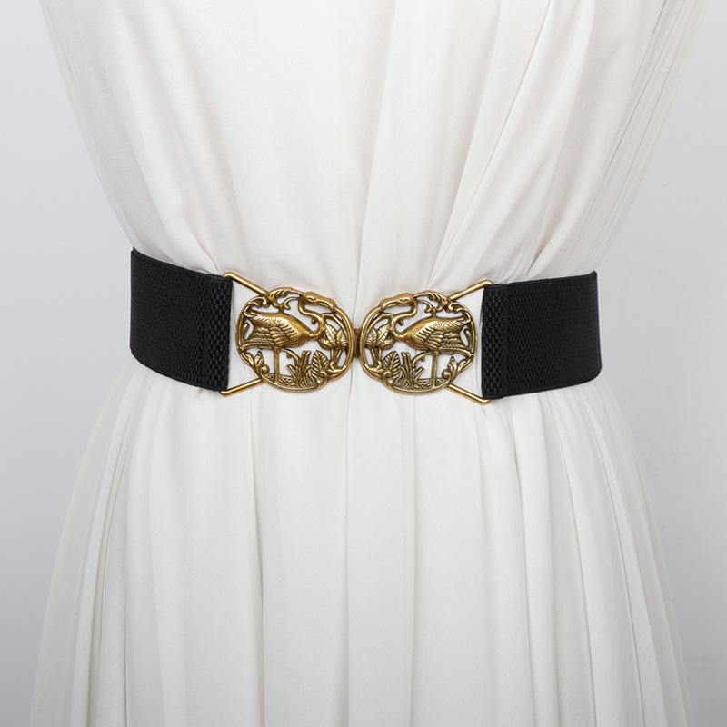 ベルト レディース 女性用 レトロ 民族風 中国風 鶴モチーフ 合金バックル 伸縮性 ウエストマーク 幅広 サッシュベルト ワンピース ドレス アウター ジャケット スーツ スタイル 黒 キャメル 春夏