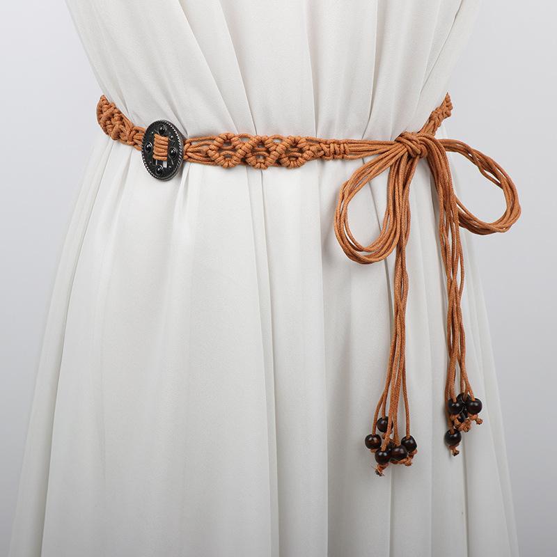 ベルト ボヘミアン レトロ 民族風 エスニック 編み込み フリンジ ワックスコード タイ結び ウエストマーク ワンピース スカート 万能 アクセサリー ベージュ キャメル ブラック