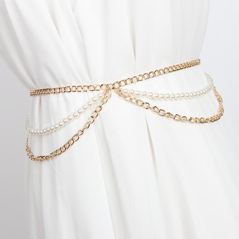 ウエストチェーン レディース パール 多連 レイヤード 細ベルト ゴールド 金色系 メタル カジュアル エレガント ワンピース ドレス シャツ ブラウス ウエストマーク 細見え 春夏 アクセサリー