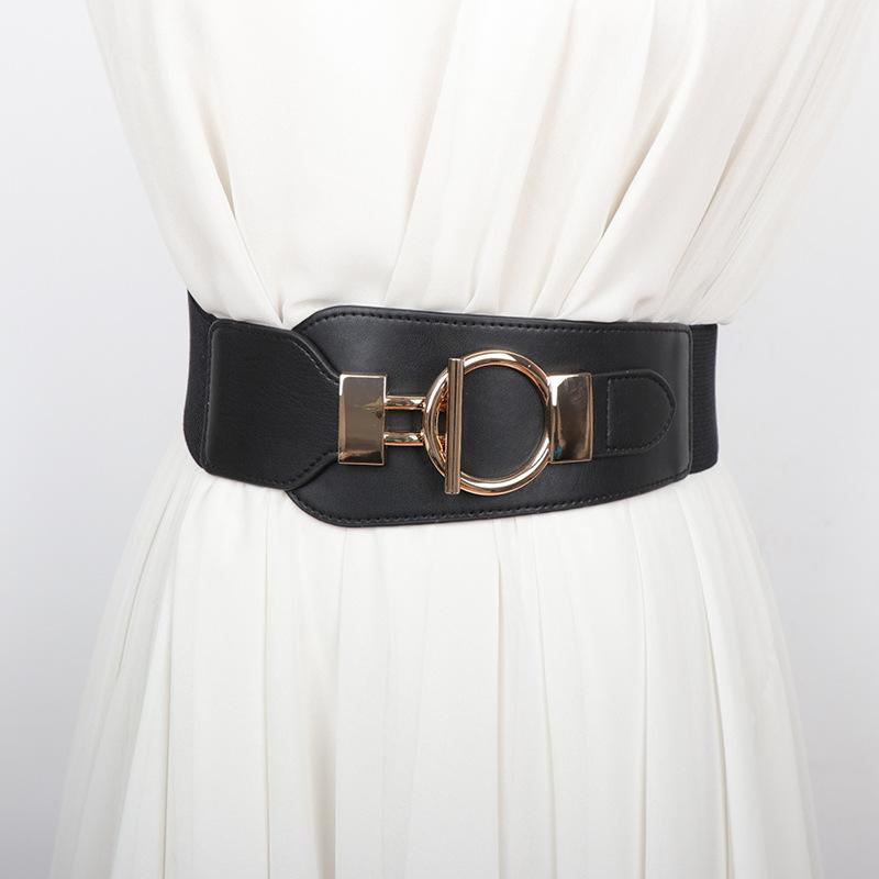ウエストマークベルト レディース 女性用 高級感 おしゃれ PUレザー 伸縮性 ゴム 丸バックル ワイド 太幅 ブラック 黒 ワンピース ニット アウター コーデ 着回し 通勤 普段使い 春夏秋