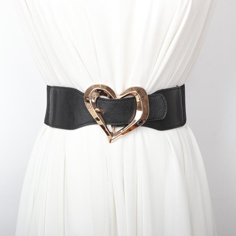 ベルト レディース 女性用 PUレザー 伸縮性 ワイドベルト ハートバックル ブラック おしゃれ かわいい ..