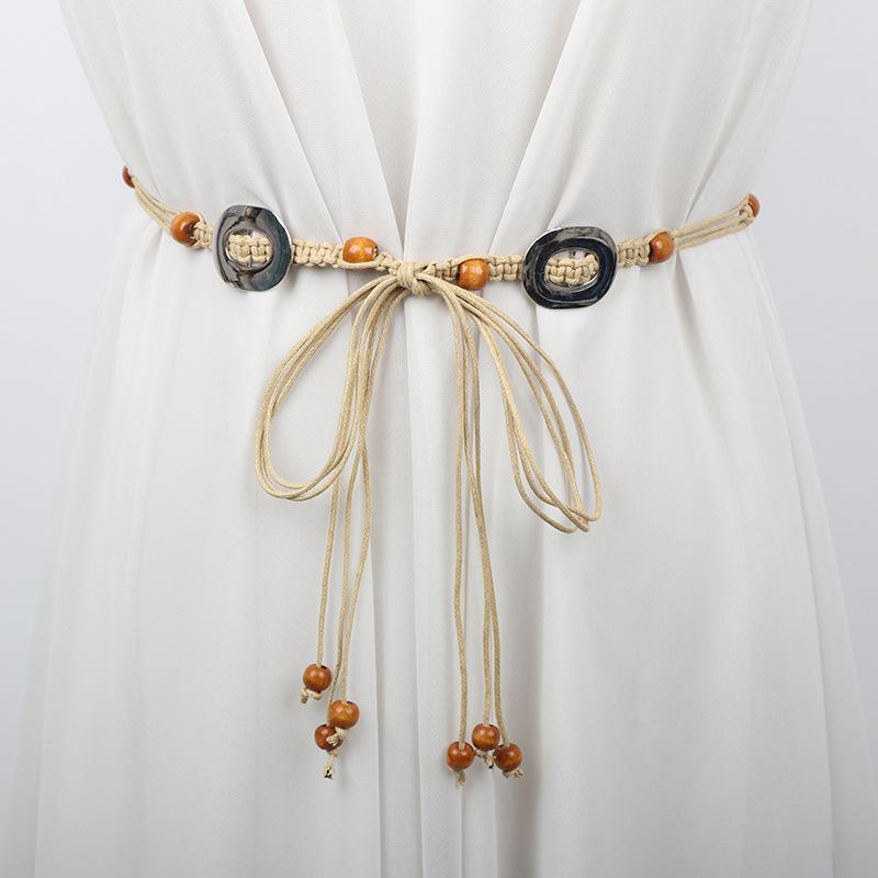 レディース ベルト 編み込み ボヘミアン エスニック タッセル ウエストマーク 細ベルト レトロ カジュアル ワンピース スカート ワックスコード 結び目 合金バックル 多色展開 春夏