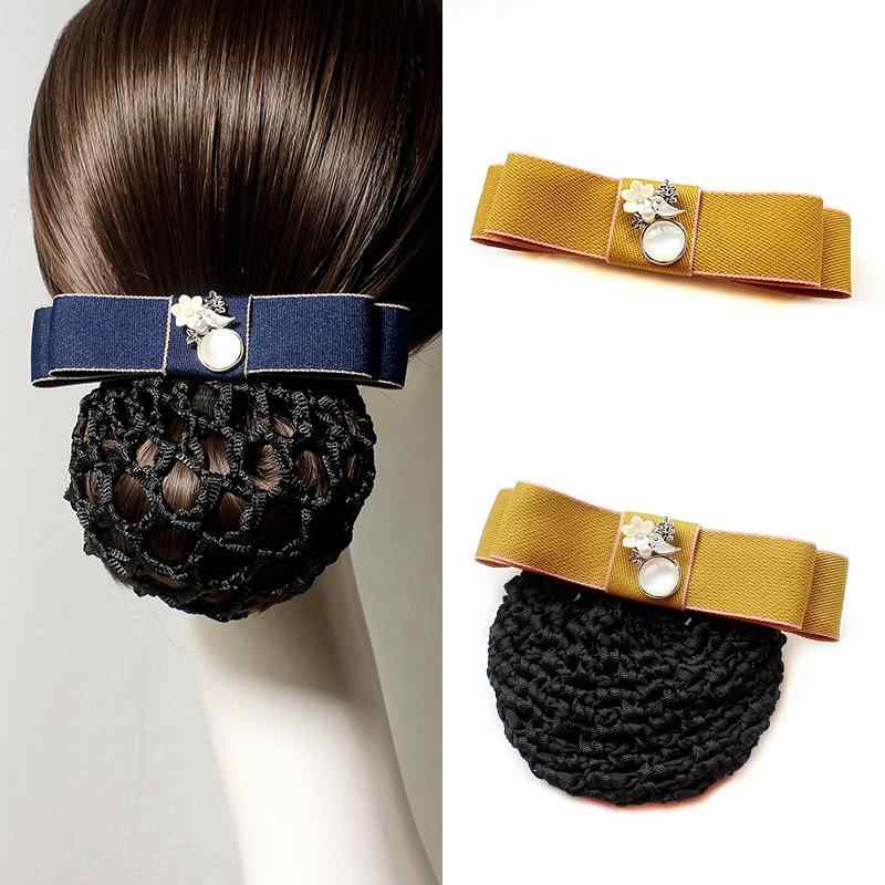 楽天花りぼんヘアアクセサリー レディース リボン バレッタ お団子ネット まとめ髪 オフィス 制服 お仕事用 フォーマル 髪飾り 合金製 電気メッキ加工 ピンク レッド イエロー ブルー グレー ブラック（x2）