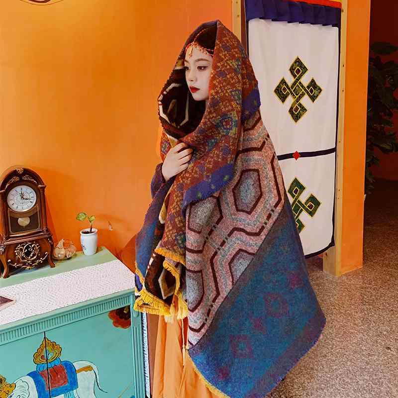 ショール レディース 大判 写真映え エスニック柄 ネパール風 ストール フェイクカシミヤ 厚手 切り替えデザイン 保温 防寒対策 秋冬 旅行 アウトドア 普段使い ファッション小物