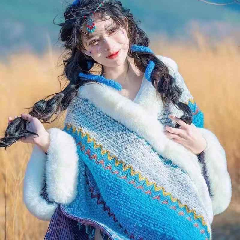 ポンチョ レディース フェイクファー ファービッグカラー エスニック レトロ ポンポン スリーブ付き ケ..