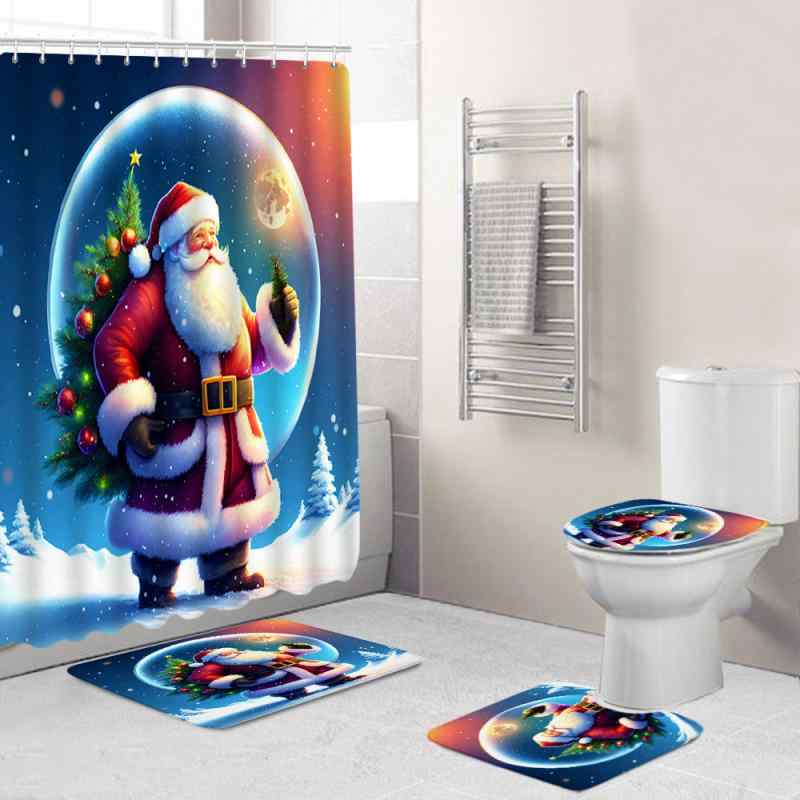 バスルームセット シャワーカーテン トイレマット バスマット フロアマット 4点セット クリスマス柄 北欧風 ポリエステル製 丸洗いOK 浴室 洗面所 長方形