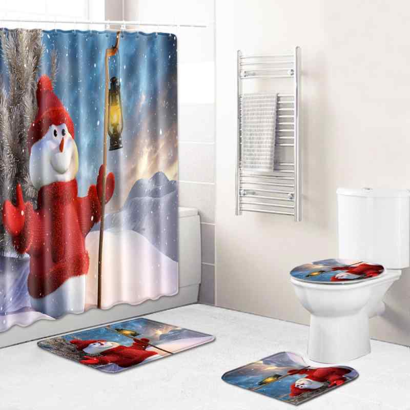 バス用品セット クリスマスデザイン シャワーカーテン バスマット トイレマット 便座カバー 4点セット ポリエステル製 ウォッシャブル 浴室 洗面所 家庭用 多色展開