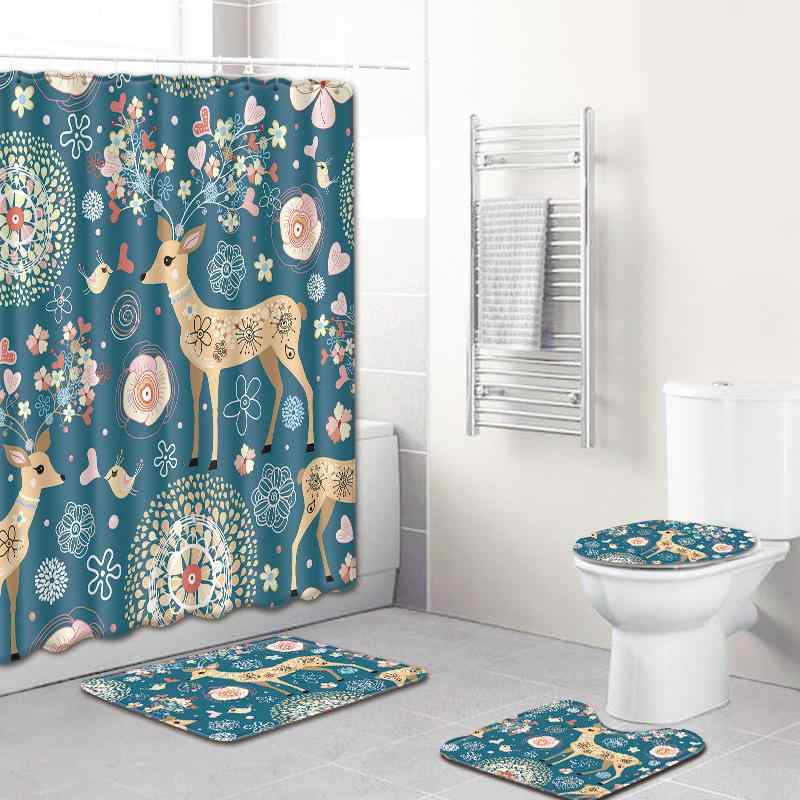 バスマット 鹿柄 シャワーカーテン バスルーム用 滑り止め機能付き 長方形 4点セット ポリエステル製 洗濯機 丸洗いOK 自宅用