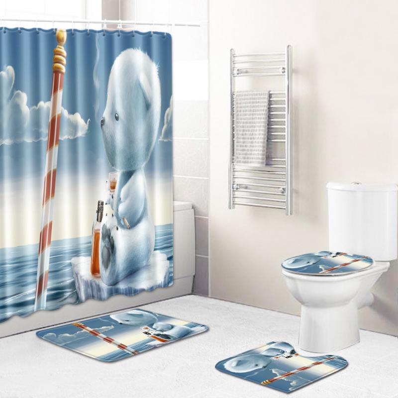 シャワーカーテン バスマット トイレマット U型マット 4点セット かわいい犬柄 アニマル柄 ポリエステル 洗える 滑り止め バスルーム トイレタリー