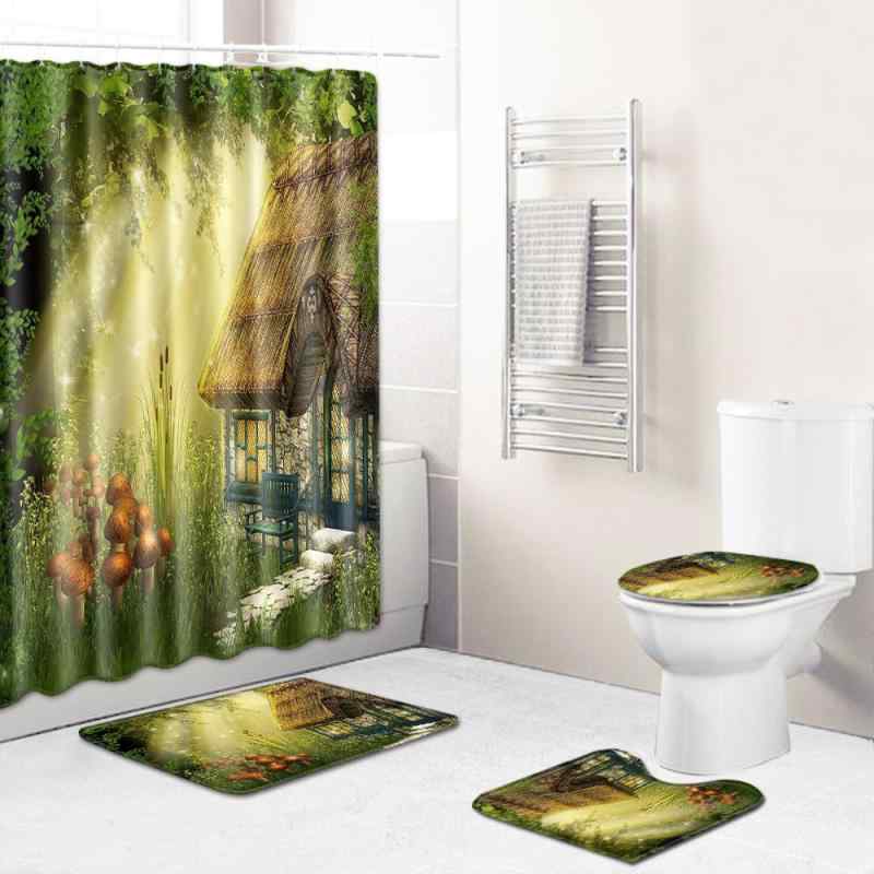 シャワーカーテン バスマット トイレ敷物 足元シート 4点セット 風景柄 バスルーム 洗面所 ポリエステル 吸水速乾 洗濯機洗いOK 滑り止め モダン おしゃれ ライトグリーン