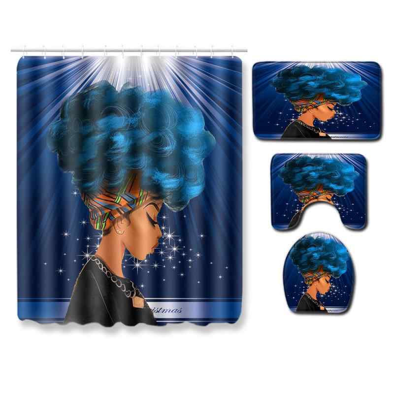 バスマット トイレマット フロアマット シャワーカーテンセット 浴室 バスルーム 洗面所 アフリカ女性柄 クリエイティブ デザイン モダン ポリエステル 速乾 吸水 ウォッシャブル 滑り止め スカイブルー