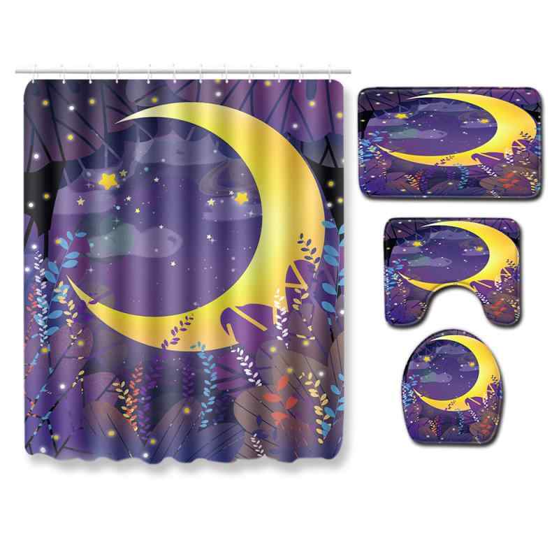 バスマット シャワーカーテン トイレマット シャワーマット 4点セット 星空柄 ポリエステル 洗濯機で丸洗い可能 おしゃれ モダン ブラック 長方形 浴室用